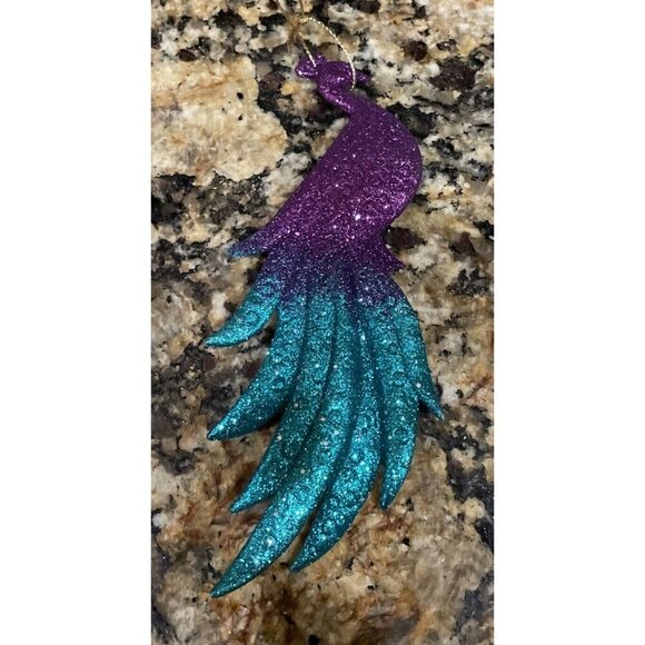 Peacock Acrylic Blue Purple Gold Christmas Tree Holiday Ornament NEW Sparkly - Picture 2 of 3